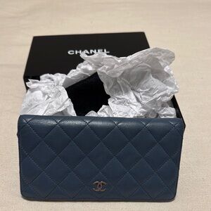 Chanel Blue Quilted Wallet with Chain Detail